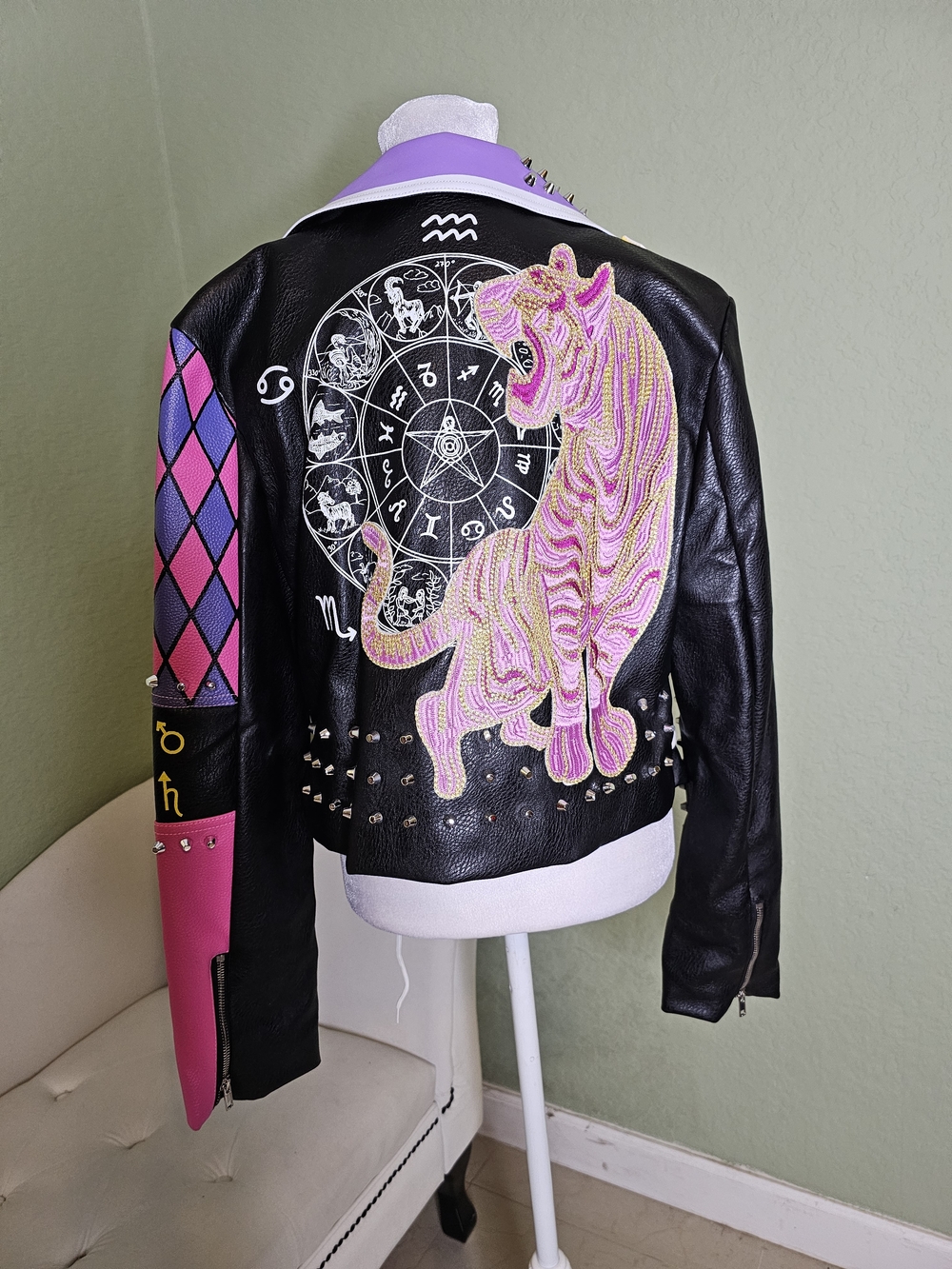 Azalea Wang Studded Colorblock Faux Leather Biker Jacket Pink, Lavender & Black - Picture 4 of 5
